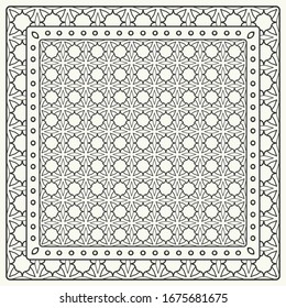 Black and white abstract graphic pattern. Geometric ornament with frame, border. Line art, lace, embroidery background. Bandanna, shawl, scarf, tablecloth design for textile fabric print
