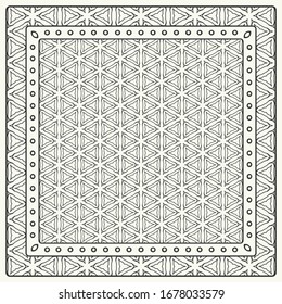 Patrón gráfico abstracto en blanco y negro. Ornamento geométrico con marco, borde. Línea de arte, encaje, fondo bordado. Banana, chal, pañuelo, mantel.