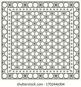 Black and white abstract graphic pattern. Geometric ornament with frame, border. Line art, lace, embroidery background. Bandanna, shawl, scarf, tablecloth design for textile fabric print