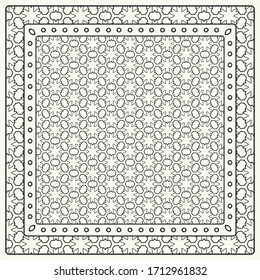 Abstraktes, schwarz-weißes grafisches Muster. Geometrisches Ornament mit Rahmen, Rahmen. Line Art, Spitze, Stickereihintergrund. Bandanna, Schal, Schal, Tischdecken-Design für Stoffdruck