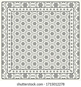 Abstraktes, schwarz-weißes grafisches Muster. Geometrisches Ornament mit Rahmen, Rahmen. Line Art, Spitze, Stickereihintergrund. Bandanna, Schal, Schal, Tischdecken-Design für Stoffdruck