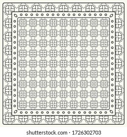Black and white abstract graphic pattern. Geometric ornament with frame, border. Line art, lace, embroidery background. Bandanna, shawl, scarf, tablecloth design for textile fabric print