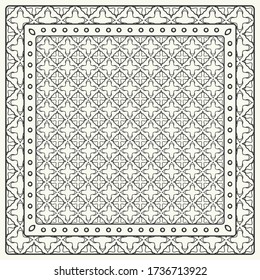 Abstraktes grafisches Muster in Schwarzweiß. Geometrisches Ornament mit Rahmen, Rahmen. Line Art, Spitze, Stickerei Hintergrund. Bandanna, Schal, Schal, Tischdeckendesign für den Druck von Textilien