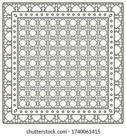 Black and white abstract graphic pattern. Geometric ornament with frame, border. Line art, lace, embroidery background. Bandanna, shawl, scarf, tablecloth design for textile fabric print