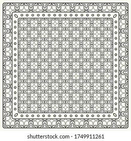 Black and white abstract graphic pattern. Geometric ornament with frame, border. Line art, lace, embroidery background. Bandanna, shawl, scarf, tablecloth design for textile fabric print