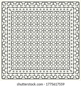 Patrón gráfico abstracto en blanco y negro. Ornamento geométrico con marco, borde. Línea de arte, encaje, fondo de bordado. Banana, chal, pañuelo, manteles para la impresión de tela textil