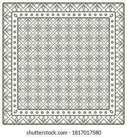 Black and white abstract graphic pattern. Geometric ornament with frame, border. Line art, lace, embroidery background. Bandanna, shawl, scarf, tablecloth design for textile fabric print