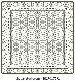 Black and white abstract graphic pattern. Geometric ornament with frame, border. Line art, lace, embroidery background. Bandanna, shawl, scarf, tablecloth design for textile fabric print