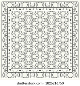 Black and white abstract graphic pattern. Geometric ornament with frame, border. Line art, lace, embroidery background. Bandanna, shawl, scarf, tablecloth design for textile fabric print