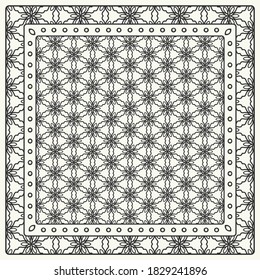 Patrón gráfico abstracto en blanco y negro. Ornamento geométrico con marco, borde. Línea de arte, encaje, fondo de bordado. Banana, chal, pañuelo, manteles para la impresión de tela textil