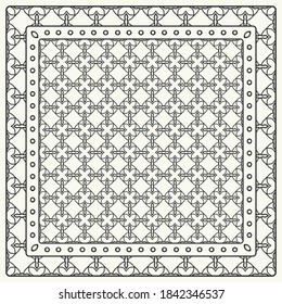 Black and white abstract graphic pattern. Geometric ornament with frame, border. Line art, lace, embroidery background. Bandanna, shawl, scarf, tablecloth design for textile fabric print