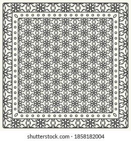 Black and white abstract graphic pattern. Geometric ornament with frame, border. Line art, lace, embroidery background. Bandanna, shawl, scarf, tablecloth design for textile fabric print