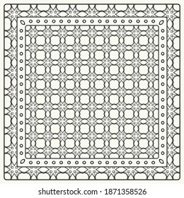 Black and white abstract graphic pattern. Geometric ornament with frame, border. Line art, lace, embroidery background. Bandanna, shawl, scarf, tablecloth design for textile fabric print