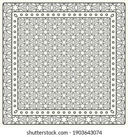 Black and white abstract graphic pattern. Geometric ornament with frame, border. Line art, lace, embroidery background. Bandanna, shawl, scarf, tablecloth design for textile fabric print