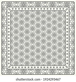 Black and white abstract graphic pattern. Geometric ornament with frame, border. Line art, lace, embroidery background. Bandanna, shawl, scarf, tablecloth design for textile fabric print