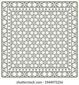 Black and white abstract graphic pattern. Geometric ornament with frame, border. Line art, lace, embroidery background. Bandanna, shawl, scarf, tablecloth design for textile fabric print