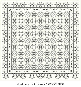 Black and white abstract graphic pattern. Geometric ornament with frame, border. Line art, lace, embroidery background. Bandanna, shawl, scarf, tablecloth design for textile fabric print