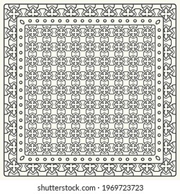 Black and white abstract graphic pattern. Geometric ornament with frame, border. Line art, lace, embroidery background. Bandanna, shawl, scarf, tablecloth design for textile fabric print