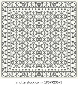 Black and white abstract graphic pattern. Geometric ornament with frame, border. Line art, lace, embroidery background. Bandanna, shawl, scarf, tablecloth design for textile fabric print