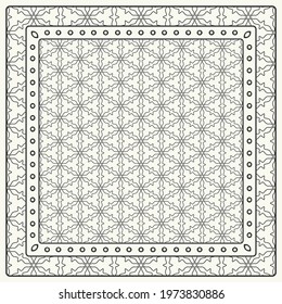 Black and white abstract graphic pattern. Geometric ornament with frame, border. Line art, lace, embroidery background. Bandanna, shawl, scarf, tablecloth design for textile fabric print