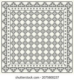 Black and white abstract graphic pattern. Geometric ornament with frame, border. Line art, lace, embroidery background. Bandanna, shawl, scarf, tablecloth design for textile fabric print