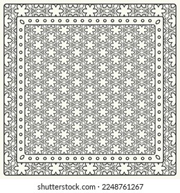 Black and white abstract graphic pattern. Geometric ornament with frame, border. Line art, lace, embroidery background. Bandanna, shawl, scarf, tablecloth design for textile fabric print