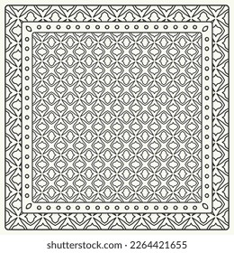 Black and white abstract graphic pattern. Geometric ornament with frame, border. Line art, lace, embroidery background. Bandanna, shawl, scarf, tablecloth design for textile fabric print