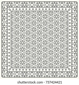 Black and white abstract graphic pattern. Geometric ornament with frame, border. Line art, lace, embroidery background. Bandanna, shawl, scarf, tablecloth design for textile fabric print