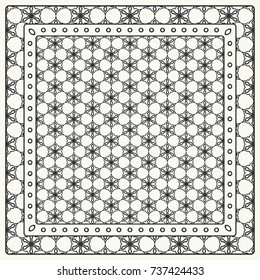 Black and white abstract graphic pattern. Geometric ornament with frame, border. Line art, lace, embroidery background. Bandanna, shawl, scarf, tablecloth design for textile fabric print