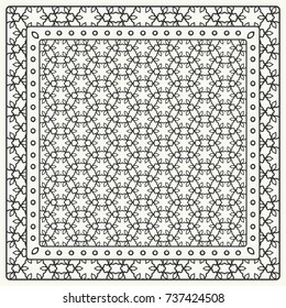 Black and white abstract graphic pattern. Geometric ornament with frame, border. Line art, lace, embroidery background. Bandanna, shawl, scarf, tablecloth design for textile fabric print