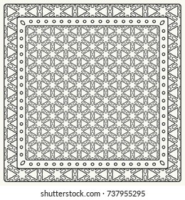 Black and white abstract graphic pattern. Geometric ornament with frame, border. Line art, lace, embroidery background. Bandanna, shawl, scarf, tablecloth design for textile fabric print