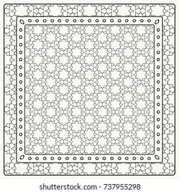 Black and white abstract graphic pattern. Geometric ornament with frame, border. Line art, lace, embroidery background. Bandanna, shawl, scarf, tablecloth design for textile fabric print