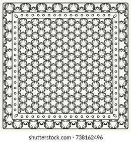 Black and white abstract graphic pattern. Geometric ornament with frame, border. Line art, lace, embroidary background. Bandanna, shawl, scarf, tablecloth design for textile fabric print
