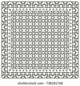 Black and white abstract graphic pattern. Geometric ornament with frame, border. Line art, lace, embroidary background. Bandanna, shawl, scarf, tablecloth design for textile fabric print