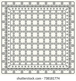 Black and white abstract graphic pattern. Geometric ornament with frame, border. Line art, lace, embroidary background. Bandanna, shawl, scarf, tablecloth design for textile fabric print