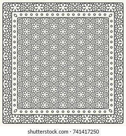 Black and white abstract graphic pattern. Geometric ornament with frame, border. Line art, lace, embroidery background. Bandanna, shawl, scarf, tablecloth design for textile fabric print