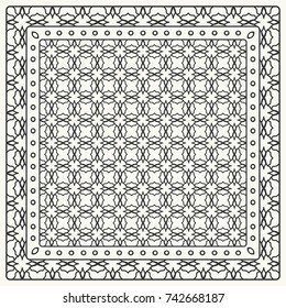 Black and white abstract graphic pattern. Geometric ornament with frame, border. Line art, lace, embroidery background. Bandanna, shawl, scarf, tablecloth design for textile fabric print