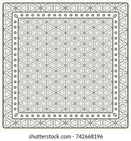 Black and white abstract graphic pattern. Geometric ornament with frame, border. Line art, lace, embroidery background. Bandanna, shawl, scarf, tablecloth design for textile fabric print