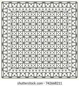 Black and white abstract graphic pattern. Geometric ornament with frame, border. Line art, lace, embroidery background. Bandanna, shawl, scarf, tablecloth design for textile fabric print