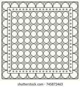Black and white abstract graphic pattern. Geometric ornament with frame, border. Line art, lace, embroidery background. Bandanna, shawl, scarf, tablecloth design for textile fabric print