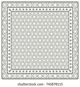 Black and white abstract graphic pattern. Geometric ornament with frame, border. Line art, lace, embroidery background. Bandanna, shawl, scarf, tablecloth design for textile fabric print