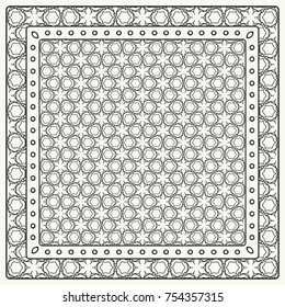 Black and white abstract graphic pattern. Geometric ornament with frame, border. Line art, lace, embroidery background. Bandanna, shawl, scarf, tablecloth design for textile fabric print