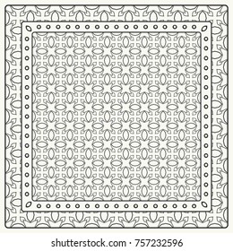 Black and white abstract graphic pattern. Geometric ornament with frame, border. Line art, lace, embroidery background. Bandanna, shawl, scarf, tablecloth design for textile fabric print