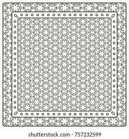 Black and white abstract graphic pattern. Geometric ornament with frame, border. Line art, lace, embroidery background. Bandanna, shawl, scarf, tablecloth design for textile fabric print