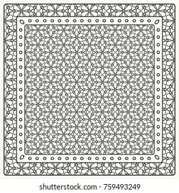 Black and white abstract graphic pattern. Geometric ornament with frame, border. Line art, lace, embroidery background. Bandanna, shawl, scarf, tablecloth design for textile fabric print