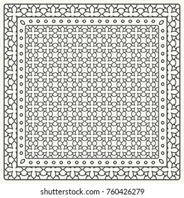 Black and white abstract graphic pattern. Geometric ornament with frame, border. Line art, lace, embroidery background. Bandanna, shawl, scarf, tablecloth design for textile fabric print