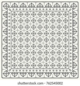 Black and white abstract graphic pattern. Geometric ornament with frame, border. Line art, lace, embroidery background. Bandanna, shawl, scarf, tablecloth design for textile fabric print