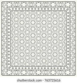 Black and white abstract graphic pattern. Geometric ornament with frame, border. Line art, lace, embroidery background. Bandanna, shawl, scarf, tablecloth design for textile fabric print