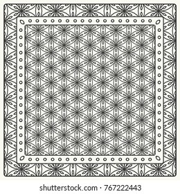 Black and white abstract graphic pattern. Geometric ornament with frame, border. Line art, lace, embroidery background. Bandanna, shawl, scarf, tablecloth design for textile fabric print