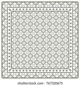 Black and white abstract graphic pattern. Geometric ornament with frame, border. Line art, lace, embroidery background. Bandanna, shawl, scarf, tablecloth design for textile fabric print